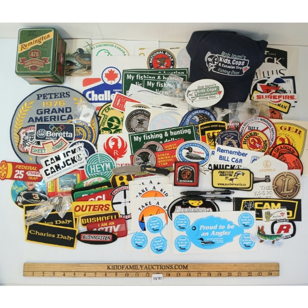 JOB LOT - SHOOTING, RELOADING & FISHING DECALS, PATCHES, KEYCHAINS, ETC