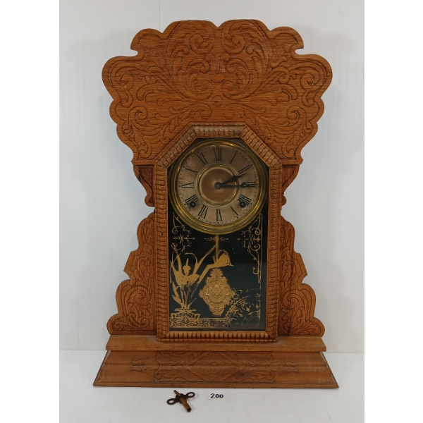 1880'S SESSIONS GINGERBREAD OAK SHELF CLOCK