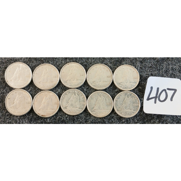 LOT OF 10 - 1960 CDN 10 CENT COINS