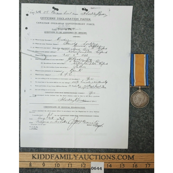 CAPT. W.L. BRODIE FILE - WWI SILVER MEDAL & PAPERWORK COPIES