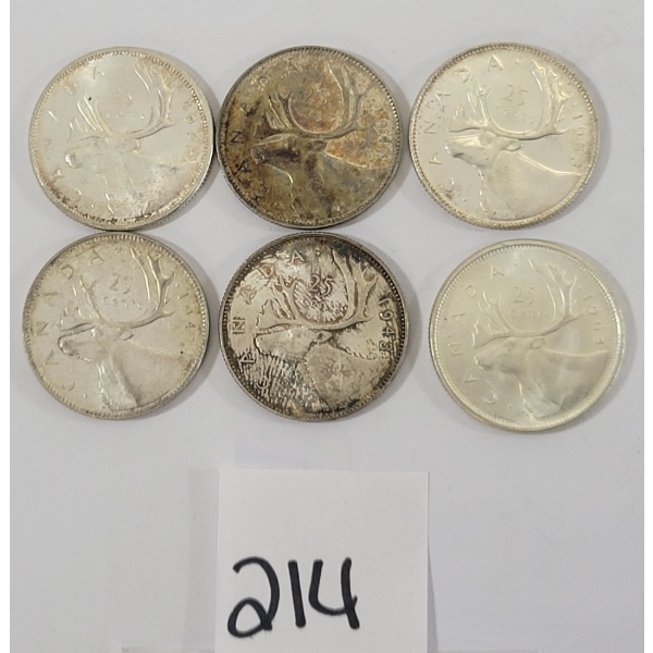 LOT OF 6 - 1947-1963 CDN SILVER 25 CENT PCS