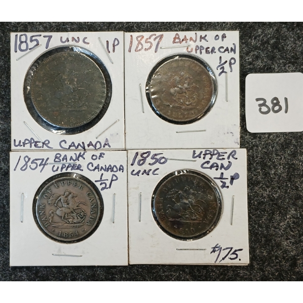 LOT OF 4 - 1850-1857 BANK OF UPPER CANADA HALF & 1 CENT COINS