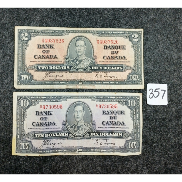 LOT OF 2 - 1937 BANK OF CANADA $2 & $10 BANKNOTES