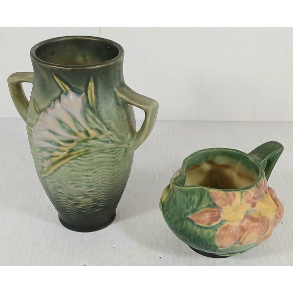 LOT OF 2 - ROSEVILLE POTTERY FREESIA VASE & CLEMATIS CREAMER