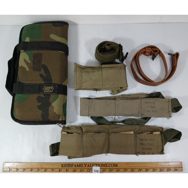 LOT OF 6 - LEVY'S SOFT HANDGUN CASE, CARTRIDGE BELT & SLINGS