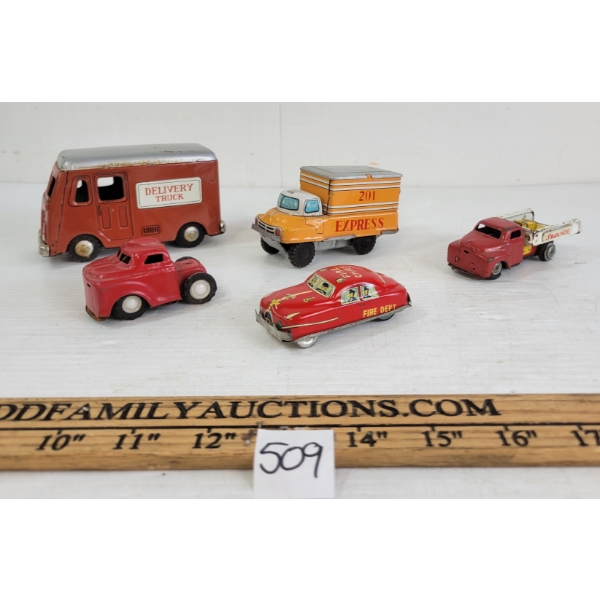 LOT OF 5 - TIN FRICTION CARS - INCL FIRE CHIEF, DELIVERY TRUCK, TOW TRUCK, ETC