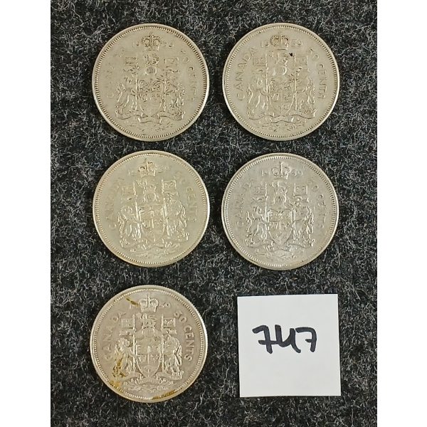 LOT OF 5 - 1959 CDN 50 CENT SILVER COINS
