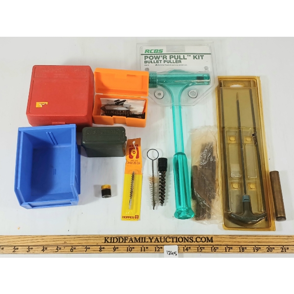 LOT OF 9 - RCBS POW'R PULL KIT, AMMO BOXES, HOPPE'S .243 / .25 BRUSH, ETC