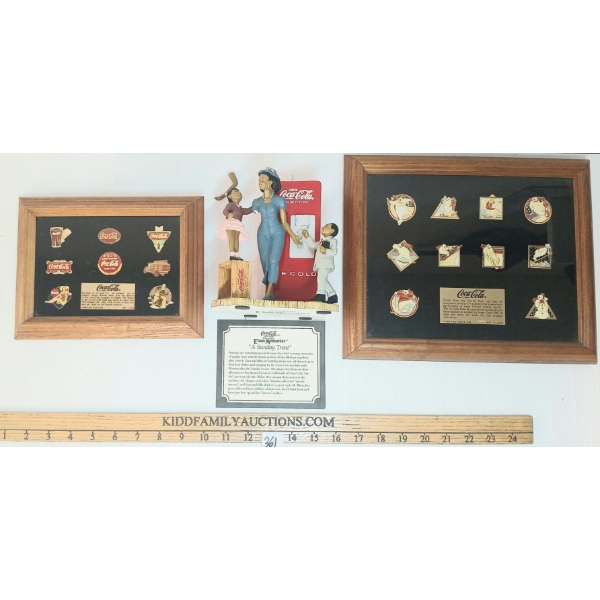 LOT OF 3 - COCA-COLA FRAMED PIN COLLECTIONS & EBON MEMORIES FIGURE