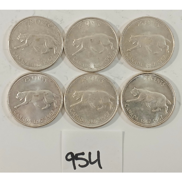 LOT OF 6 - 1967 CDN 25 CENT SILVER COINS