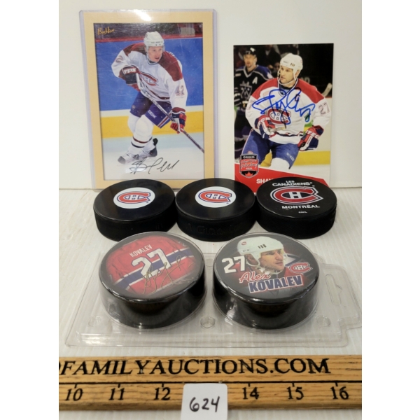 LOT OF 6 - MONTREAL CANADIENS HOCKEY PUCKS & PHOTOGRAPHS - INCL AUTOGRAPHED