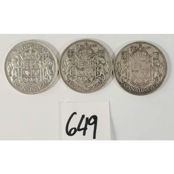LOT OF 3 - 1946 CDN 50 CENT SILVER COINS