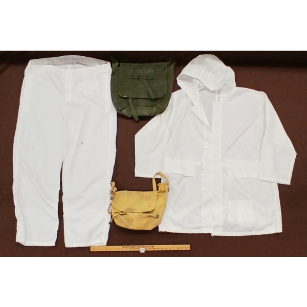 LOT OF 4 - 1950'S FIELD GEAR BAGS & WINTER CAMO JACKET & PANTS