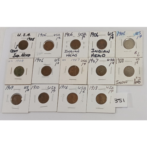 LOT OF 14 - U.S. INDIAN & LINCOLN HEAD PENNIES - INCL 1905, 1906, 1907 & 1908