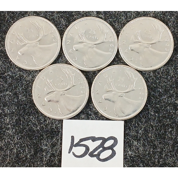 LOT OF 5 - 1962 CDN 25 CENT SILVER COINS
