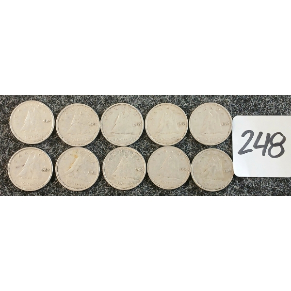 LOT OF 10 - 1954 CDN 10 CENT COINS
