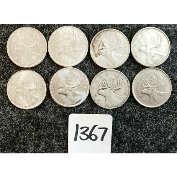 LOT OF 8 - 1948-1968 CDN 25 CENT COINS