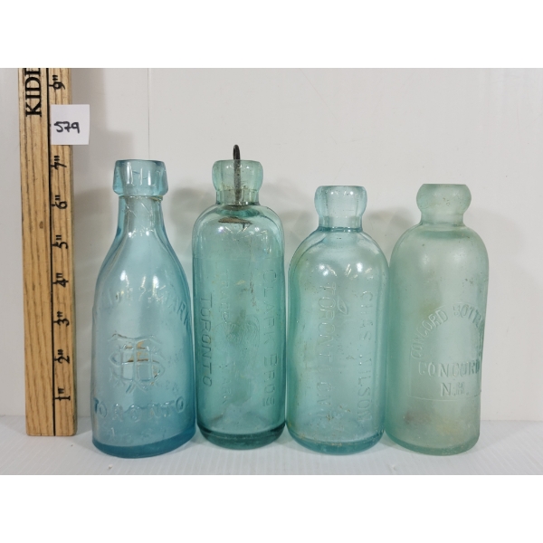 LOT OF 4 - BLOB TOP EMBOSSED BOTTLES - INCL CONCORD BOTTLING & CHAS WILSON