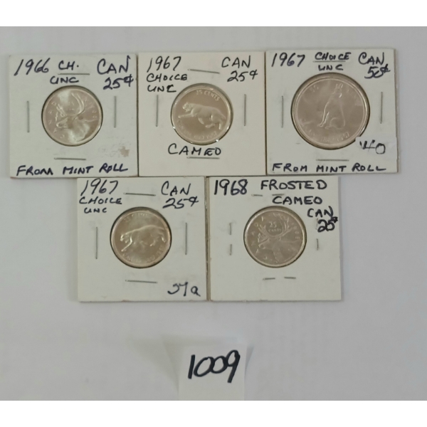 LOT OF 5 - 1966-1968 CDN 25 CENT SILVER COINS
