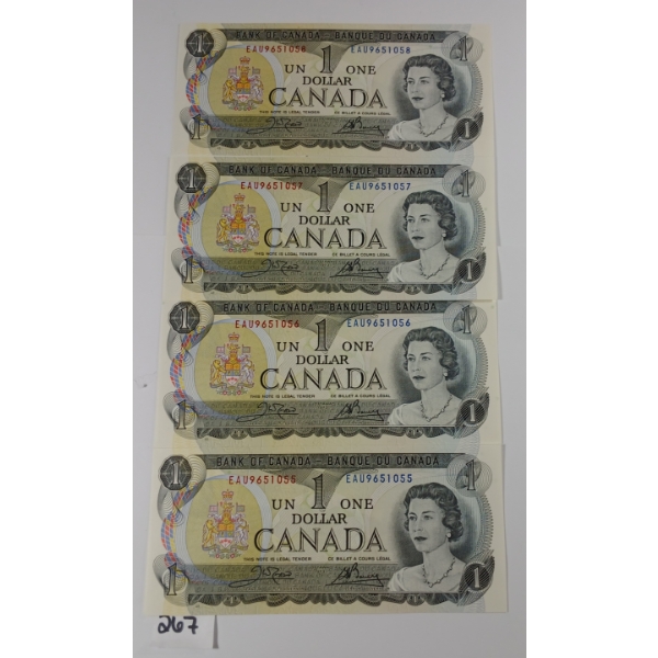 LOT OF 4 - 1973 CDN UNCIRCULATED $1 BANKNOTES - SEQUENTIAL