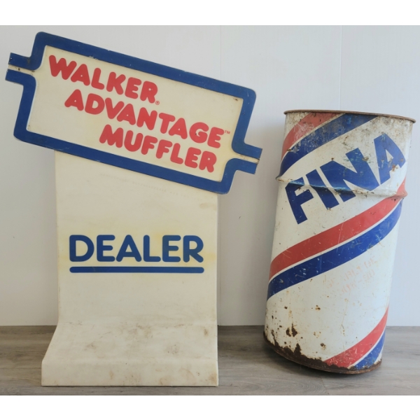LOT OF 2 - WALKER ADVANTAGE MUFFLER DEALER PLASTIC SIGN & FINA OIL BARREL
