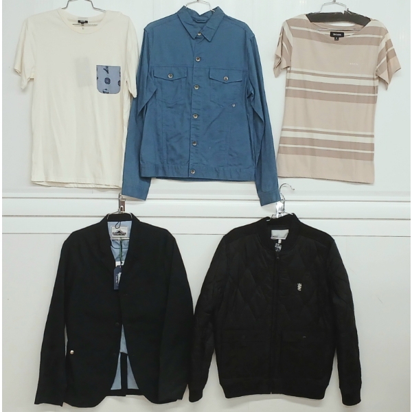 LOT OF 5 - MEN'S T-SHIRTS & JACKETS - MFG BRIXTON, LIFETIME, WESC & PENFIELD
