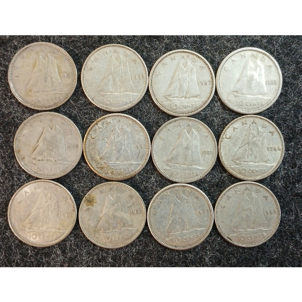 LOT OF 12 - 1945-1966 CDN 10 CENT COINS