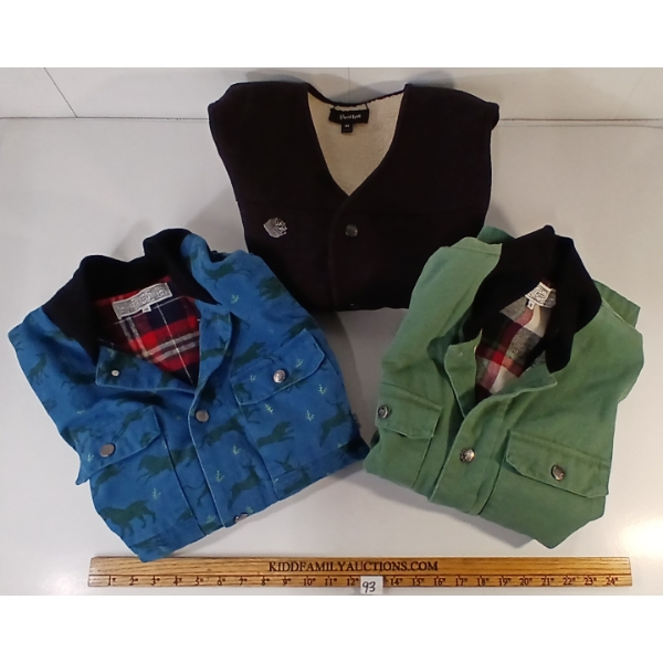 LOT OF 3 - MEN'S POLER STUFF & BRIXTON VESTS - FT BLUE STEEL ANIMALS, MOSSY & BLACK