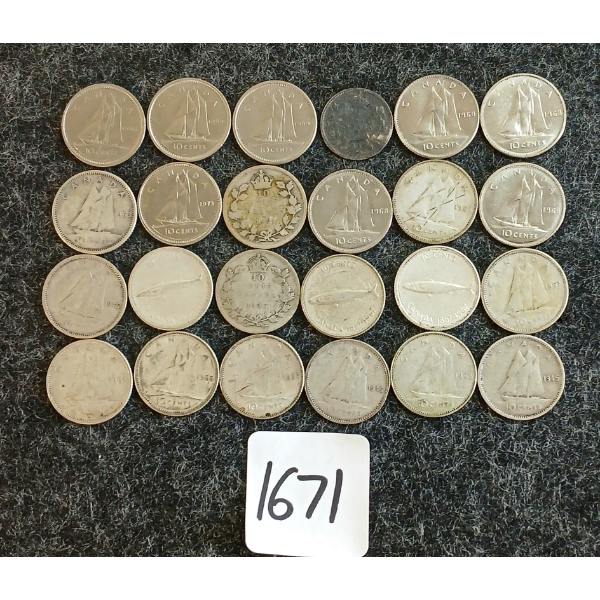 LOT OF 24 - 1921-1973 CDN 10 CENT COINS & 1905 5 CENT COIN