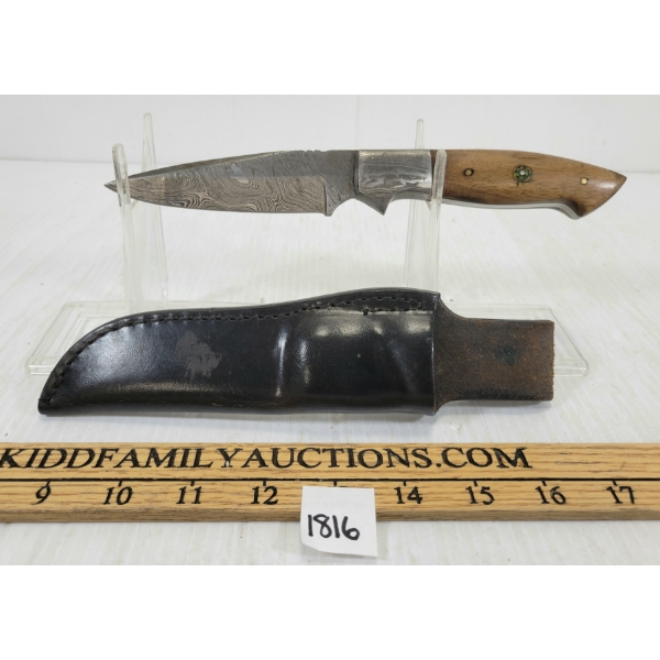 SCHRADE (?) DAMASCUS HUNTING KNIFE W/ SHEATH
