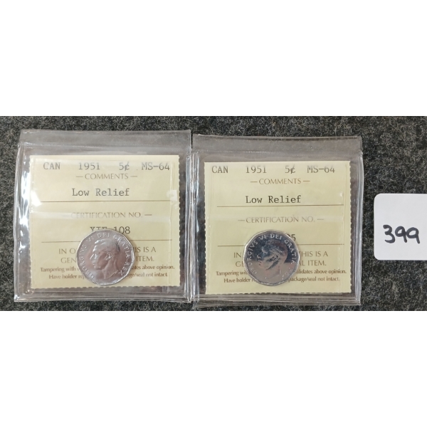LOT OF 2 - 1951 CDN 5 CENT COINS - ICCS GRADED