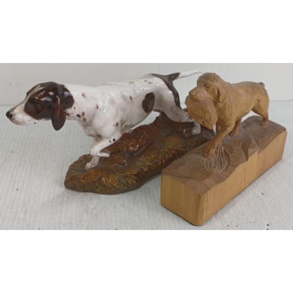 LOT OF 2 - ROYAL DOULTON & WOOD CARVED HUNTING DOG FIGURES
