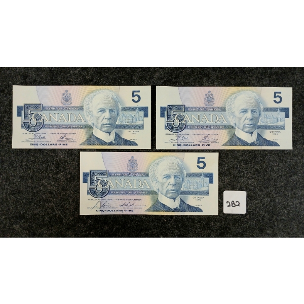 LOT OF 3 - 1986 CDN $5 BANKNOTES - INCL UNCIRCULATED