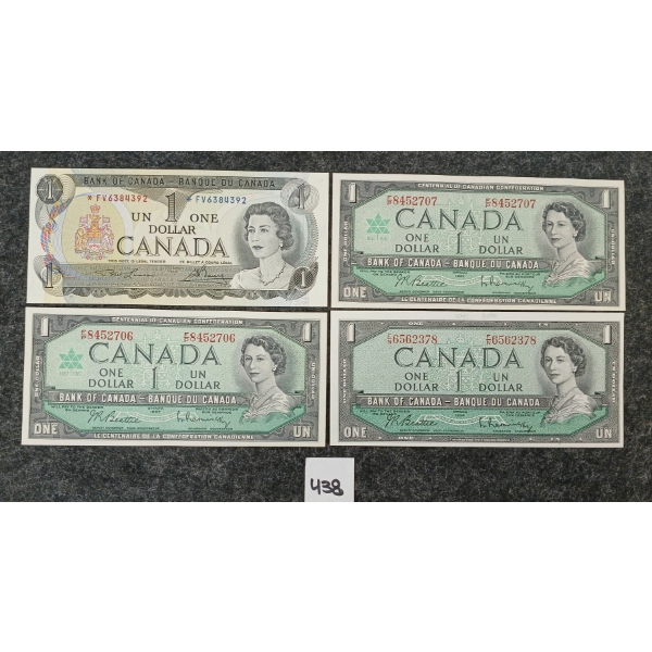 LOT OF 4 - 1967 & 1973 CDN $1 BANKNOTES - INCL CONSECUTIVE & REPLACEMENT NOTE