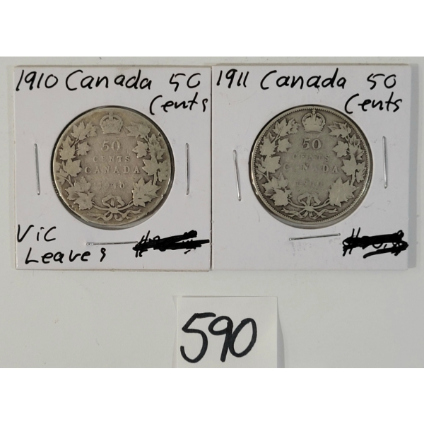 LOT OF 2 - 1910 & 1911 CDN 50 CENT SILVER COINS