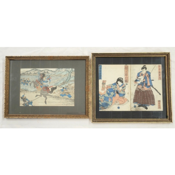 LOT OF 2 - JAPANESE DOMESTIC BY UTAGAWA KUNISADA & SAMURAI BATTLE - FRAMED WOODBLOCK PRINTS