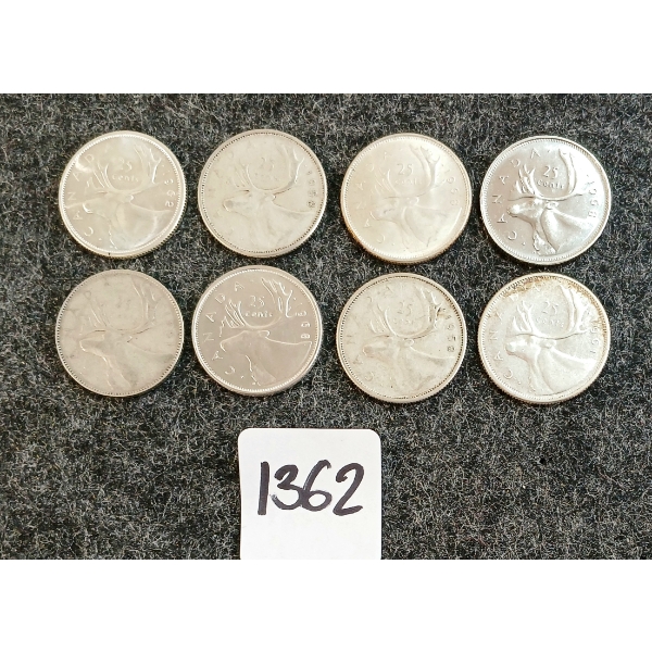 LOT OF 8 - 1951-1968 CDN 25 CENT COINS