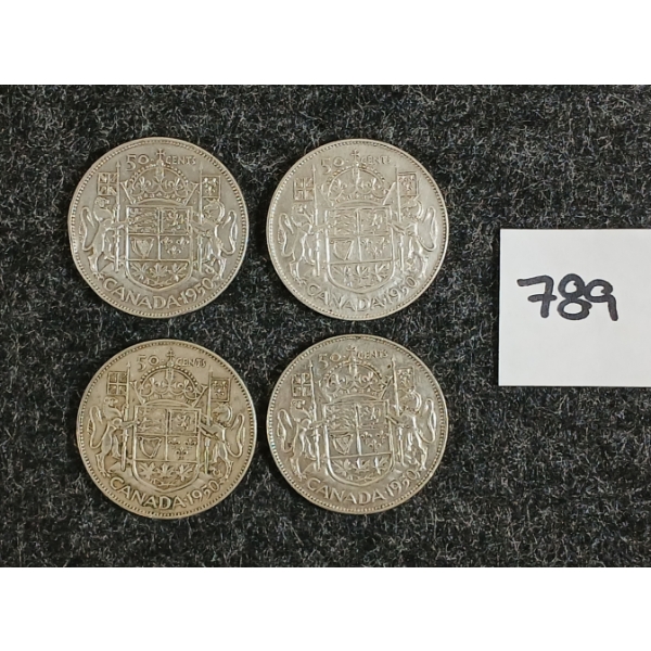 LOT OF 4 - 1950 CDN 50 CENT SILVER COINS