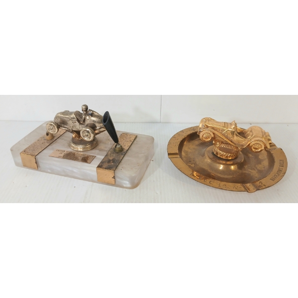 LOT OF 2 - US RACING CLUB FOUNTAIN PEN HOLDER & NAVIGATOR'S RALLY BRASS ASH TRAY