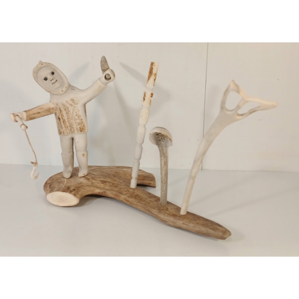 "MAN W/ FISHING TOOLS" BY NOAH ANNANACK (PRS CDN ARTIST) - ANTLER & BONE