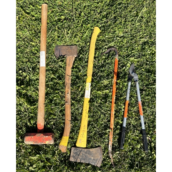 LOT OF 5 - AXES, PRY BARS, TRIMMER