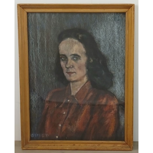WOMAN'S PORTRAIT BY BINET - FRAMED OIL PASTEL ON PAPER