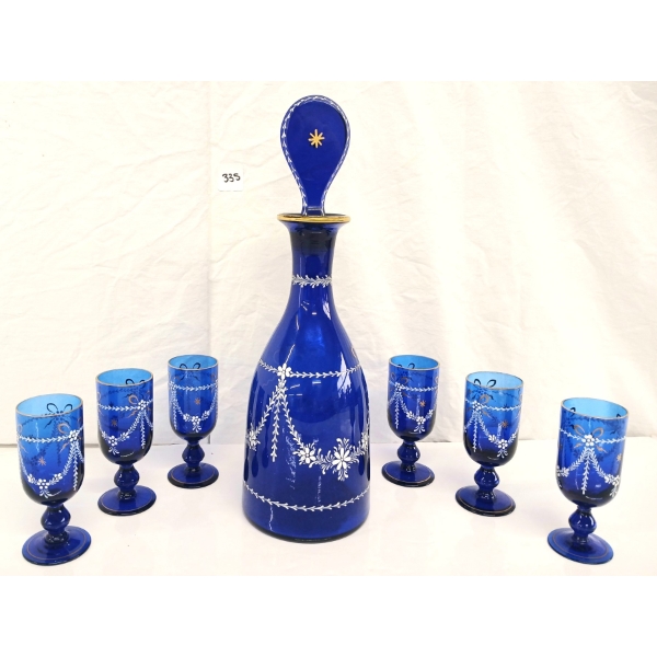 LOT OF 7 - COBALT GLASS GEORGIAN STYLE DECANTER & GLASSES