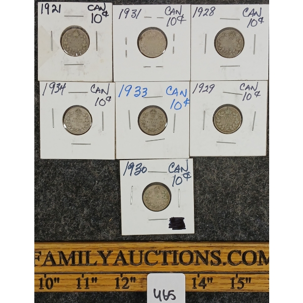 LOT OF 7 - 1921-1934 CDN 10 CENT COINS