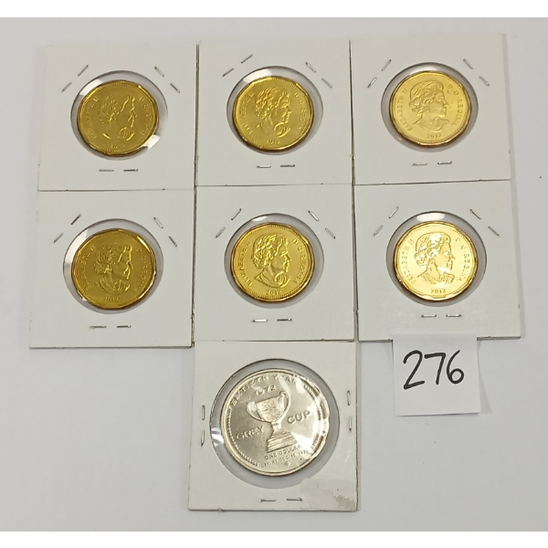 LOT OF 7 - 1972 GREY CUP HAMILTON CDN TOKEN & 2012 100TH GREY CUP $1 CDN COINS