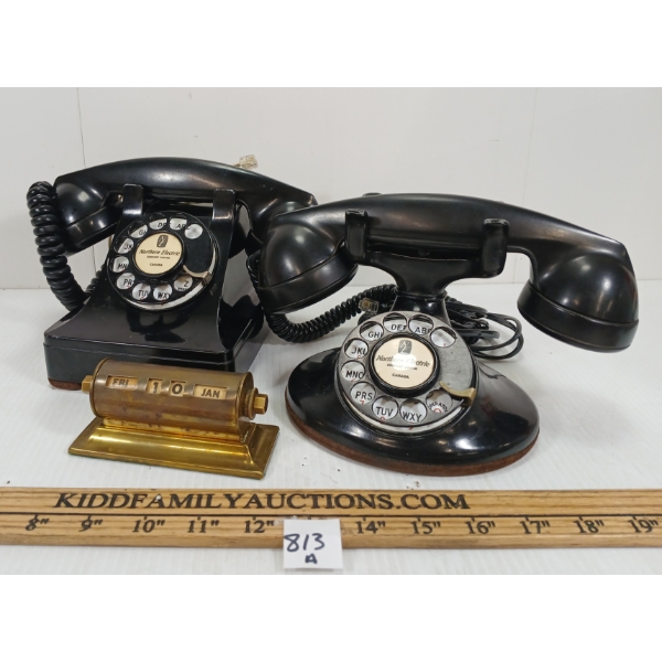 LOT OF 3 - NORTHERN ELECTRIC ROTARY PRINCESS TELEPHONES - PERPETUAL BRASS CALENDAR