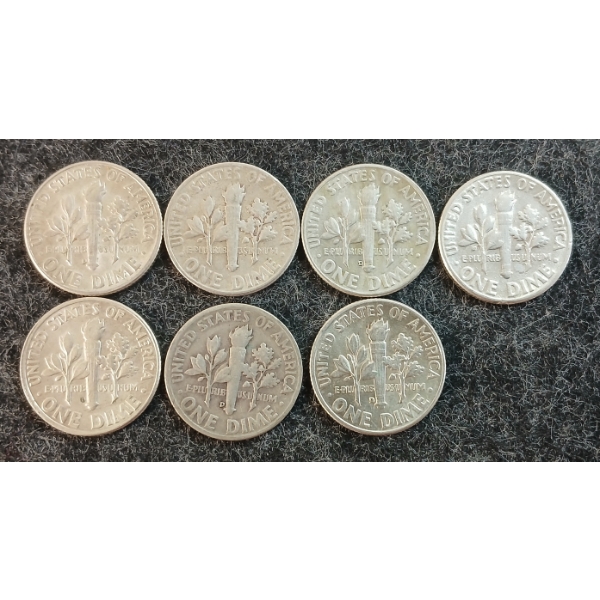 LOT OF 7 - 1953-1963 U.S. 10 CENT COINS