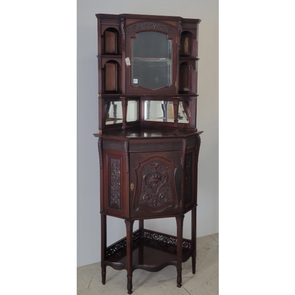 19TH CENTURY HARVEST PATTERN CORNER BAR CABINET W/ KEY