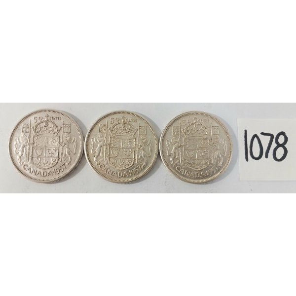 LOT OF 3 - 1957 CDN 50 CENT SILVER COINS