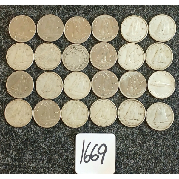 LOT OF 24 - 1913-1971 CDN 10 CENT COINS